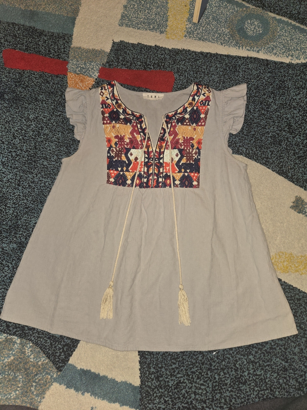 THML Light Gray Embroidered Yoke Dress with Tassel Tie